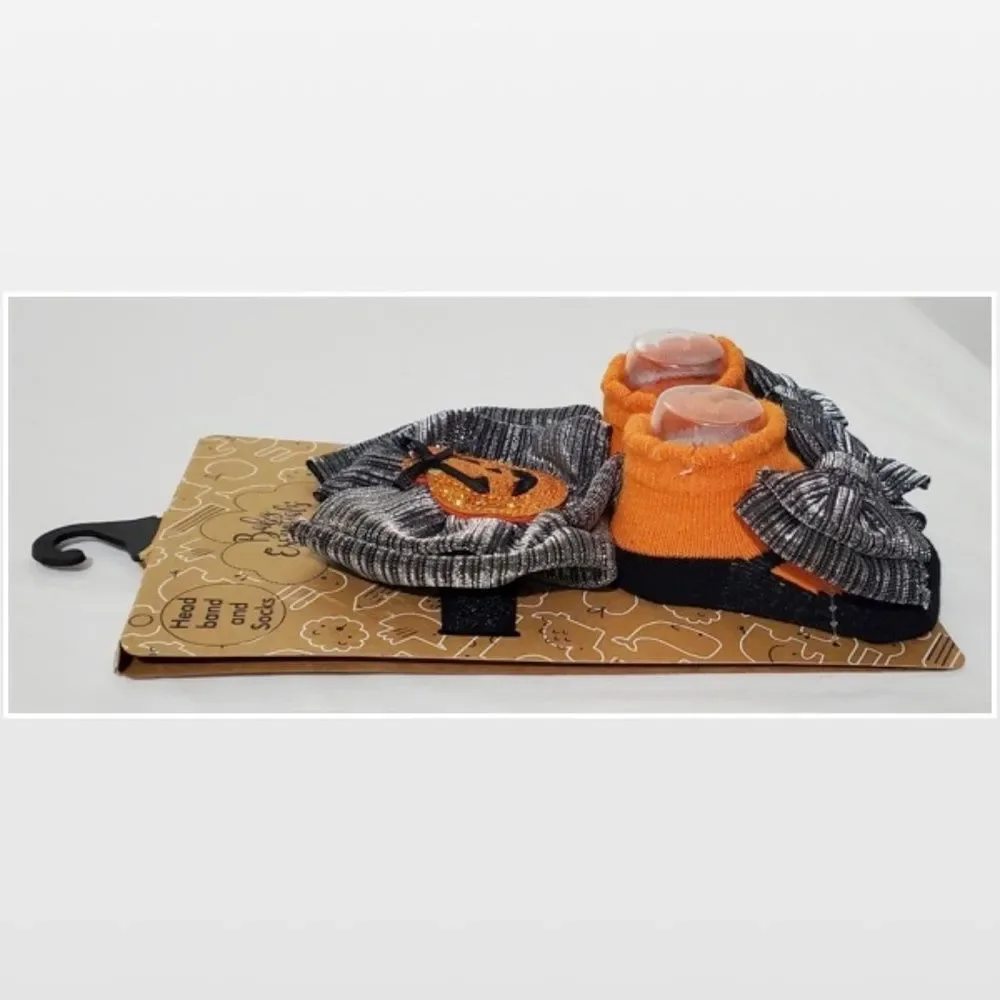 New Baby Halloween Headband & Sock Set Pumpkin Orange & Silver 0-6 Months